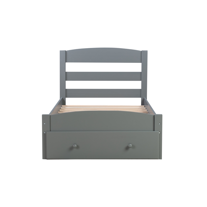 CRO Decor Wood Platform Twin Bed Frame with Storage Drawer (Gray)