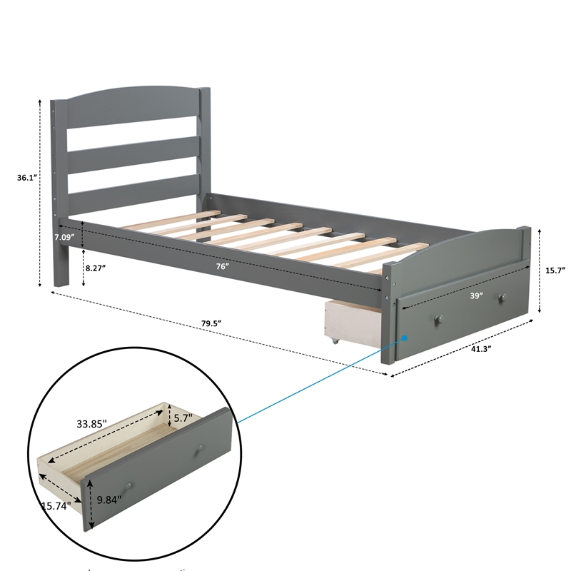 CRO Decor Wood Platform Twin Bed Frame with Storage Drawer (Gray)