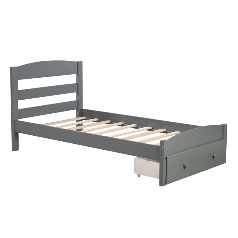 CRO Decor Wood Platform Twin Bed Frame with Storage Drawer (Gray)