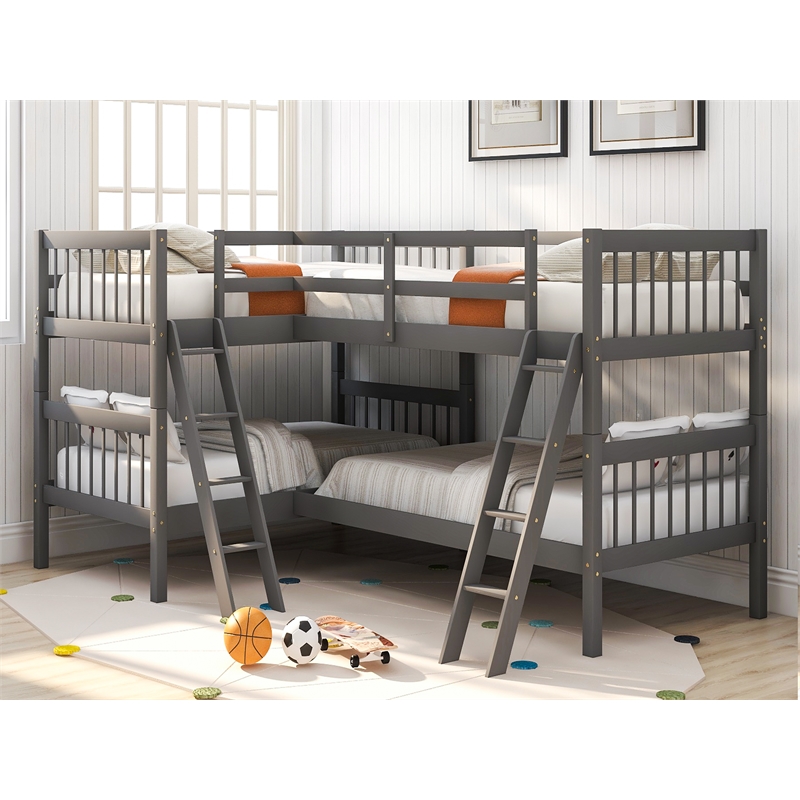 CRO Decor Wood L-Shaped Bunk Bed with Ladder Twin Size (Gray)