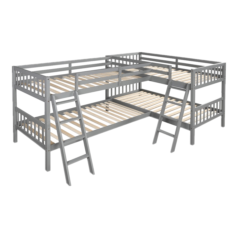 CRO Decor Wood L-Shaped Bunk Bed with Ladder Twin Size (Gray)