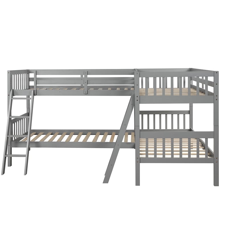 CRO Decor Wood L-Shaped Bunk Bed with Ladder Twin Size (Gray)