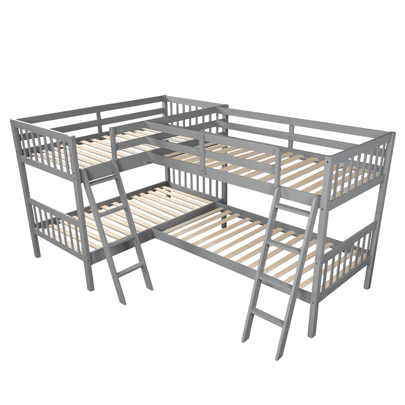 CRO Decor Wood L-Shaped Bunk Bed with Ladder Twin Size (Gray)