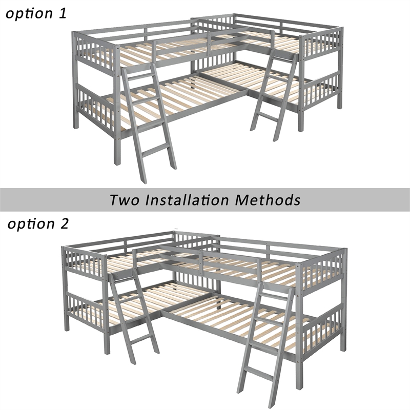 CRO Decor Wood L-Shaped Bunk Bed with Ladder Twin Size (Gray)
