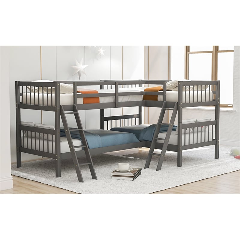 CRO Decor Wood L-Shaped Bunk Bed with Ladder Twin Size (Gray)