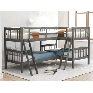 CRO Decor Wood L-Shaped Bunk Bed with Ladder Twin Size (Gray)