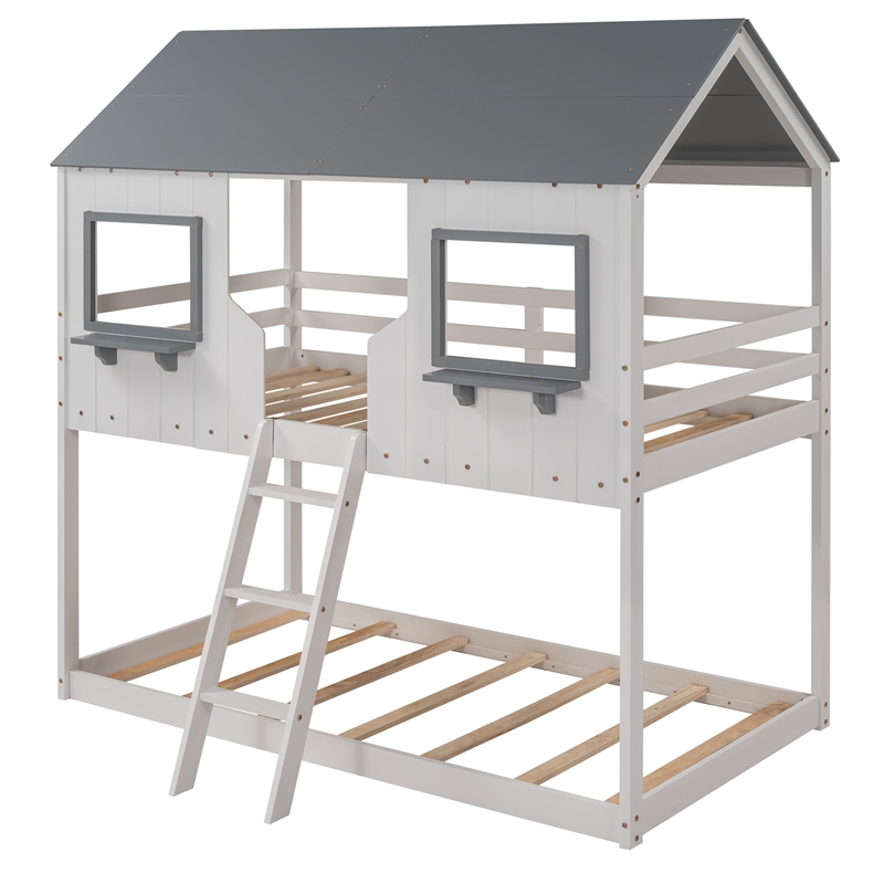 CRO Decor Twin Over Twin Bunk Bed Wood with Roof Window Guardrail Ladder (White)