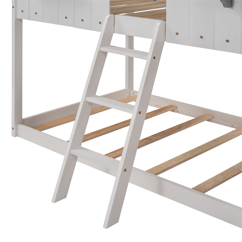 CRO Decor Twin Over Twin Bunk Bed Wood with Roof Window Guardrail Ladder (White)