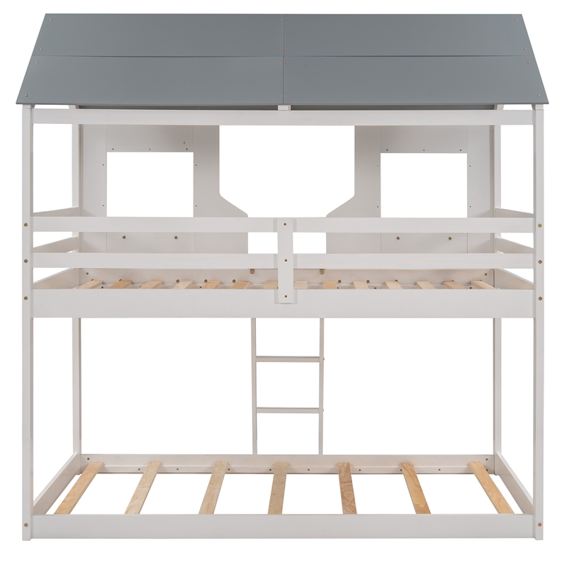 CRO Decor Twin Over Twin Bunk Bed Wood with Roof Window Guardrail Ladder (White)