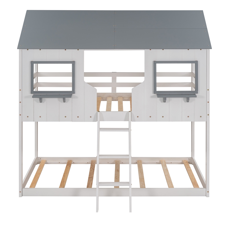 CRO Decor Twin Over Twin Bunk Bed Wood with Roof Window Guardrail Ladder (White)