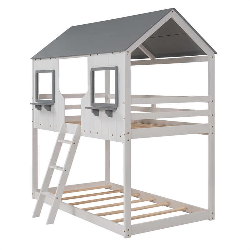 CRO Decor Twin Over Twin Bunk Bed Wood with Roof Window Guardrail Ladder (White)