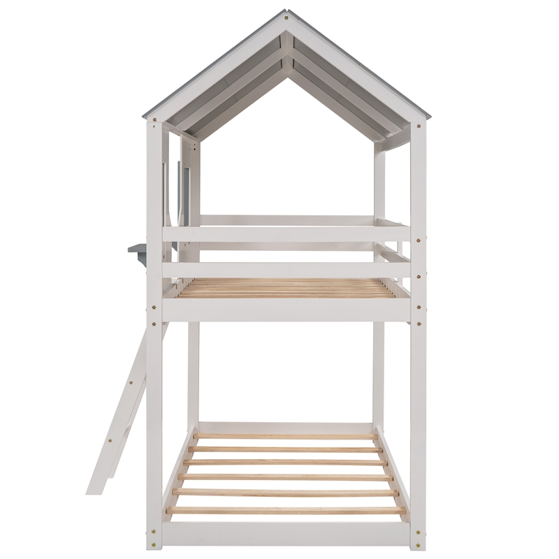CRO Decor Twin Over Twin Bunk Bed Wood with Roof Window Guardrail Ladder (White)