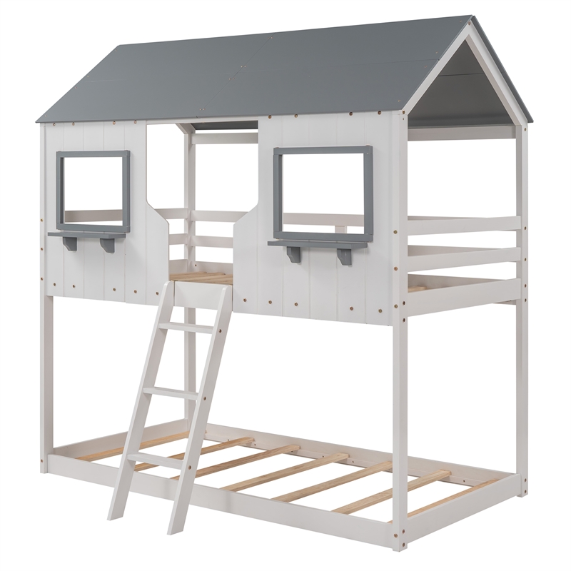 CRO Decor Twin Over Twin Bunk Bed Wood with Roof Window Guardrail Ladder (White)