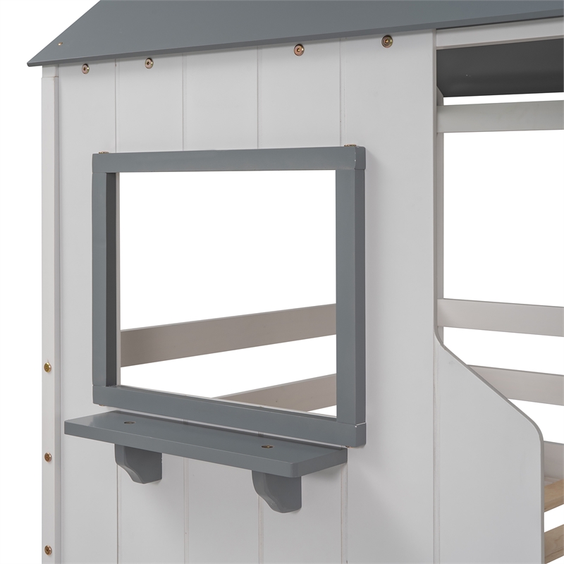 CRO Decor Twin Over Twin Bunk Bed Wood with Roof Window Guardrail Ladder (White)