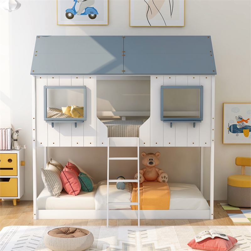 CRO Decor Twin Over Twin Bunk Bed Wood with Roof Window Guardrail Ladder (White)