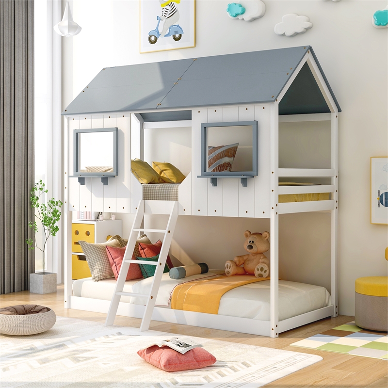 CRO Decor Twin Over Twin Bunk Bed Wood with Roof Window Guardrail Ladder (White)