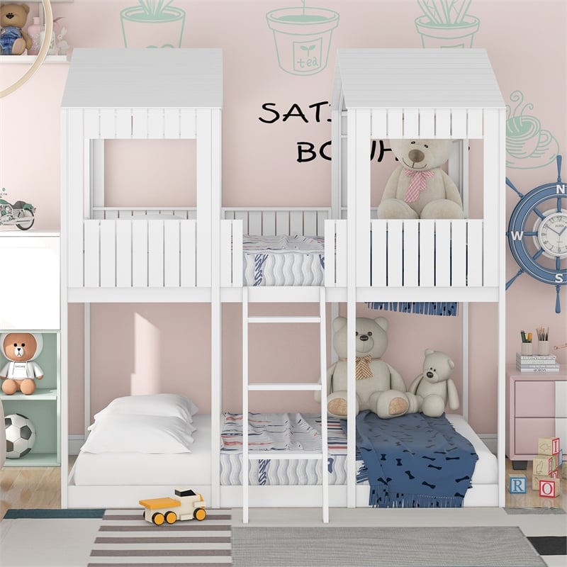 CRO Decor Full Over Full Wood Bunk Bed with Roof Window Guardrail Ladder (White)