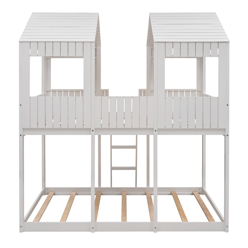 CRO Decor Full Over Full Wood Bunk Bed with Roof Window Guardrail Ladder (White)
