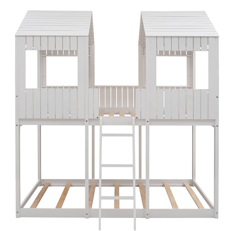 CRO Decor Full Over Full Wood Bunk Bed with Roof Window Guardrail Ladder (White)