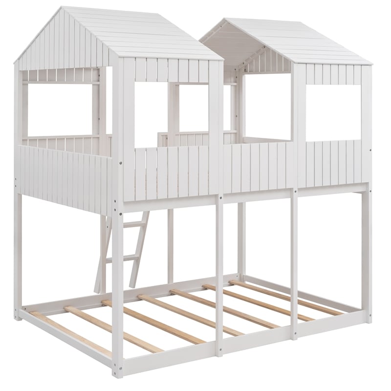 CRO Decor Full Over Full Wood Bunk Bed with Roof Window Guardrail Ladder (White)