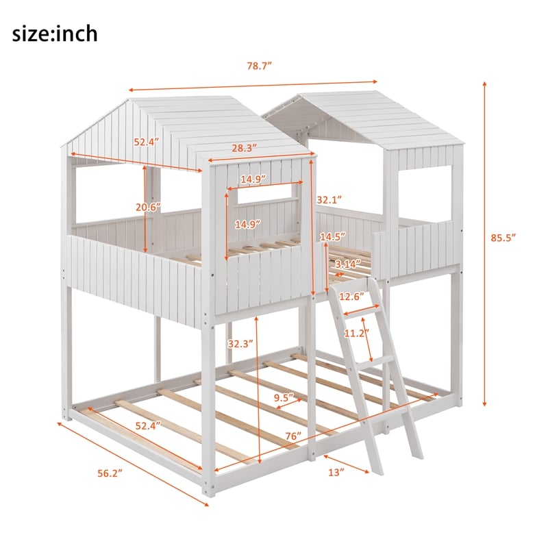 CRO Decor Full Over Full Wood Bunk Bed with Roof Window Guardrail Ladder (White)