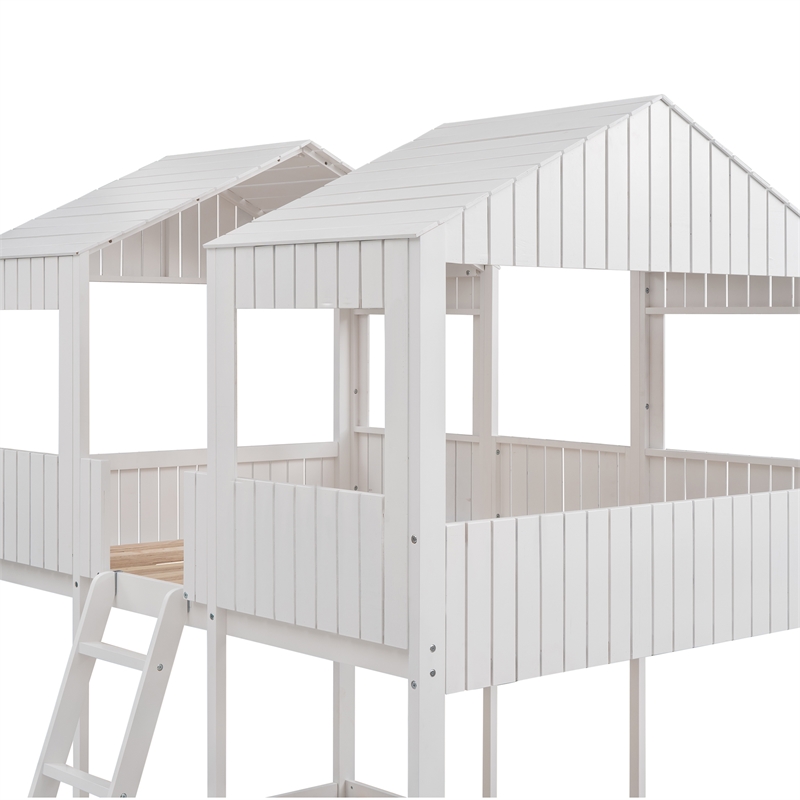 CRO Decor Full Over Full Wood Bunk Bed with Roof Window Guardrail Ladder (White)