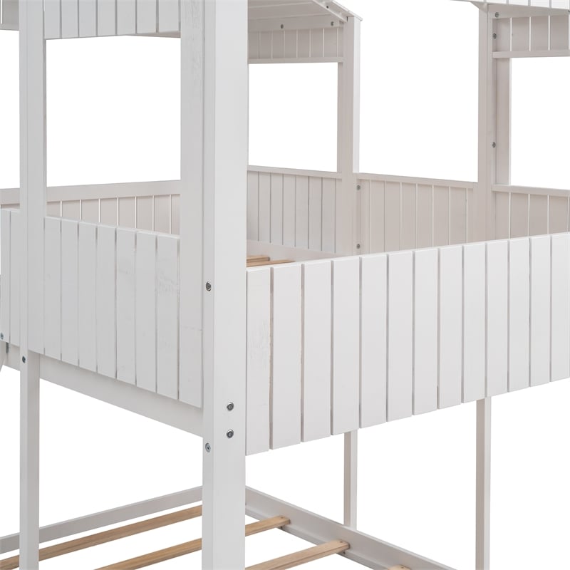 CRO Decor Full Over Full Wood Bunk Bed with Roof Window Guardrail Ladder (White)