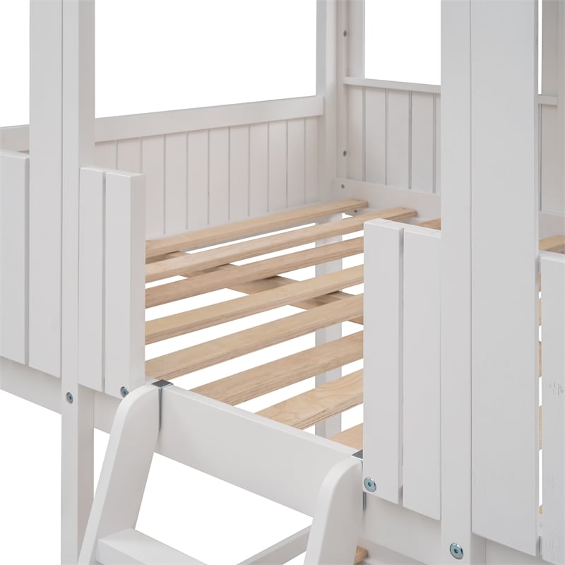CRO Decor Full Over Full Wood Bunk Bed with Roof Window Guardrail Ladder (White)
