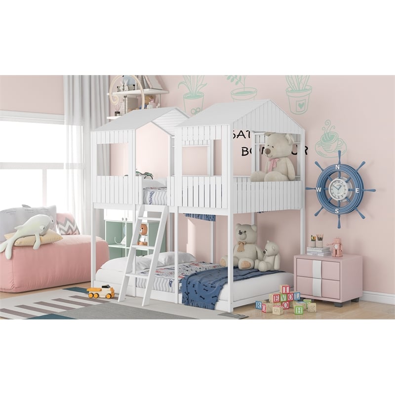 CRO Decor Full Over Full Wood Bunk Bed with Roof Window Guardrail Ladder (White)