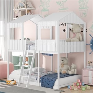 CRO Decor Full Over Full Wood Bunk Bed with Roof Window Guardrail Ladder (White)