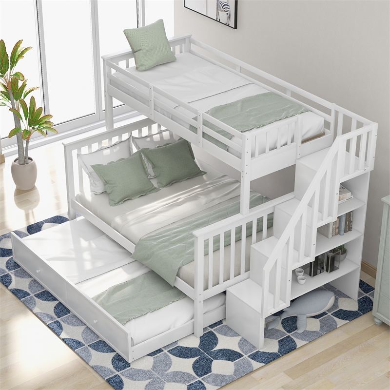 CRO Decor Stairway Twin-Over-Full Bunk Bed with Twin Trundle Storage (White)