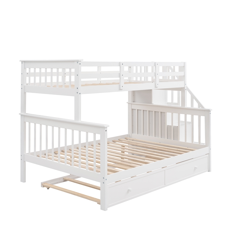 CRO Decor Stairway Twin-Over-Full Bunk Bed with Twin Trundle Storage (White)
