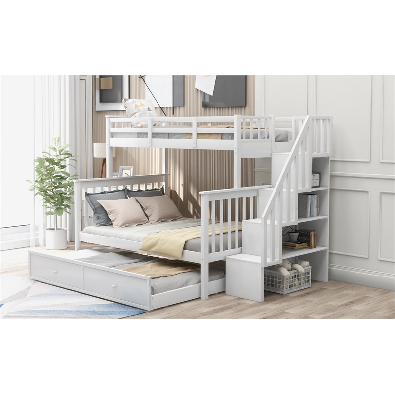CRO Decor Stairway Twin-Over-Full Bunk Bed with Twin Trundle Storage (White)