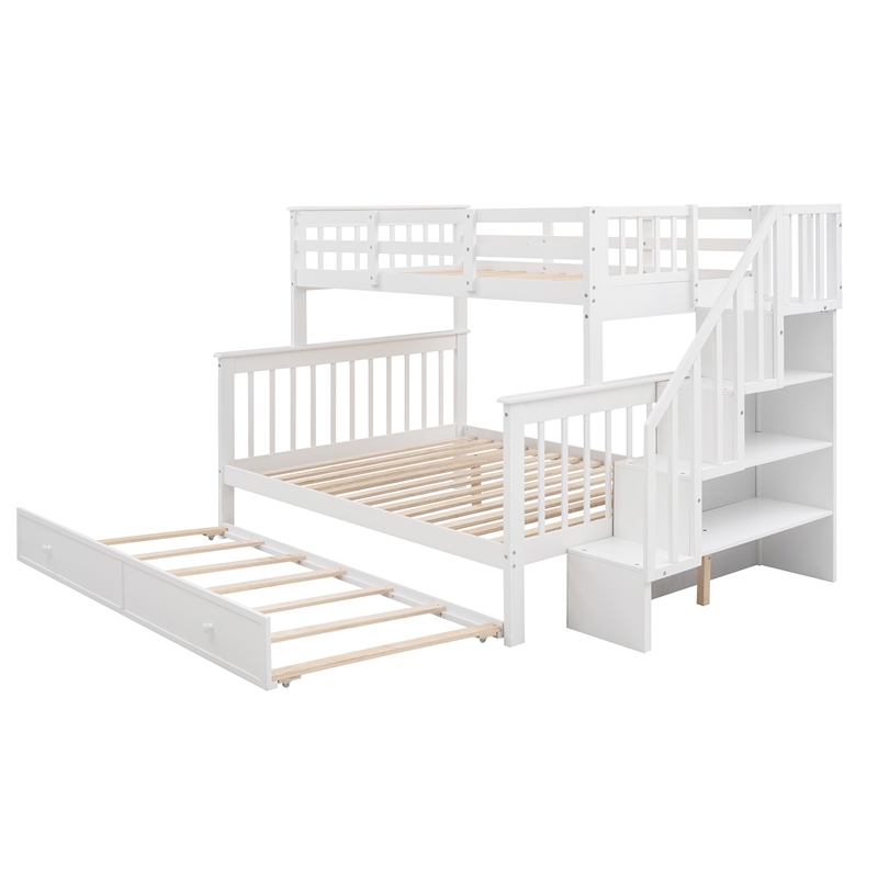 CRO Decor Stairway Twin-Over-Full Bunk Bed with Twin Trundle Storage (White)