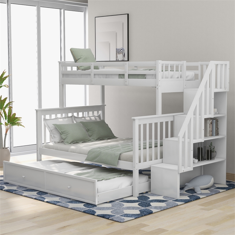 CRO Decor Stairway Twin-Over-Full Bunk Bed with Twin Trundle Storage (White)