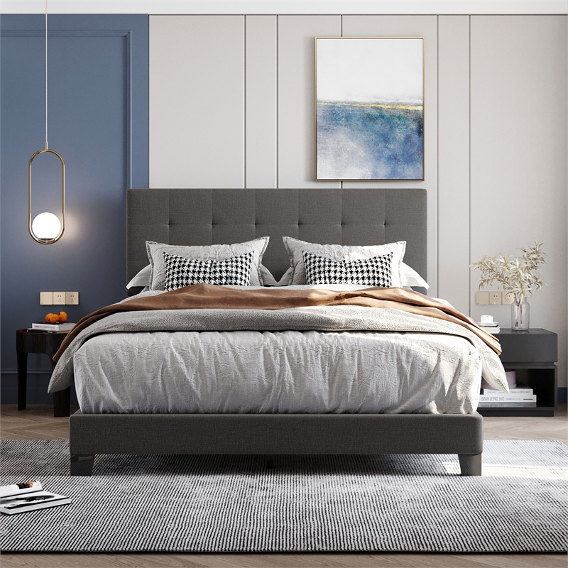 CRO Decor Upholstered Platform Bed with Tufted Headboard Gray Linen Fabric Queen