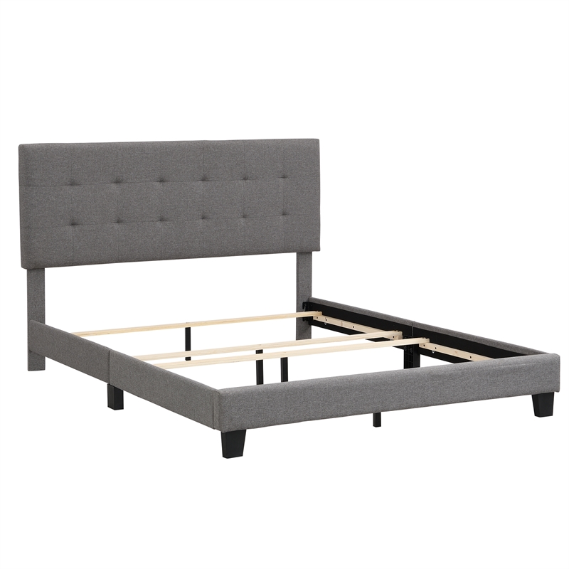 CRO Decor Upholstered Platform Bed with Tufted Headboard Gray Linen Fabric Queen