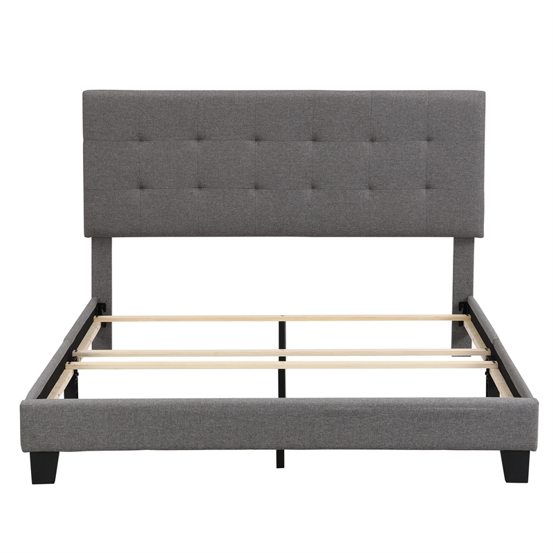 CRO Decor Upholstered Platform Bed with Tufted Headboard Gray Linen Fabric Queen