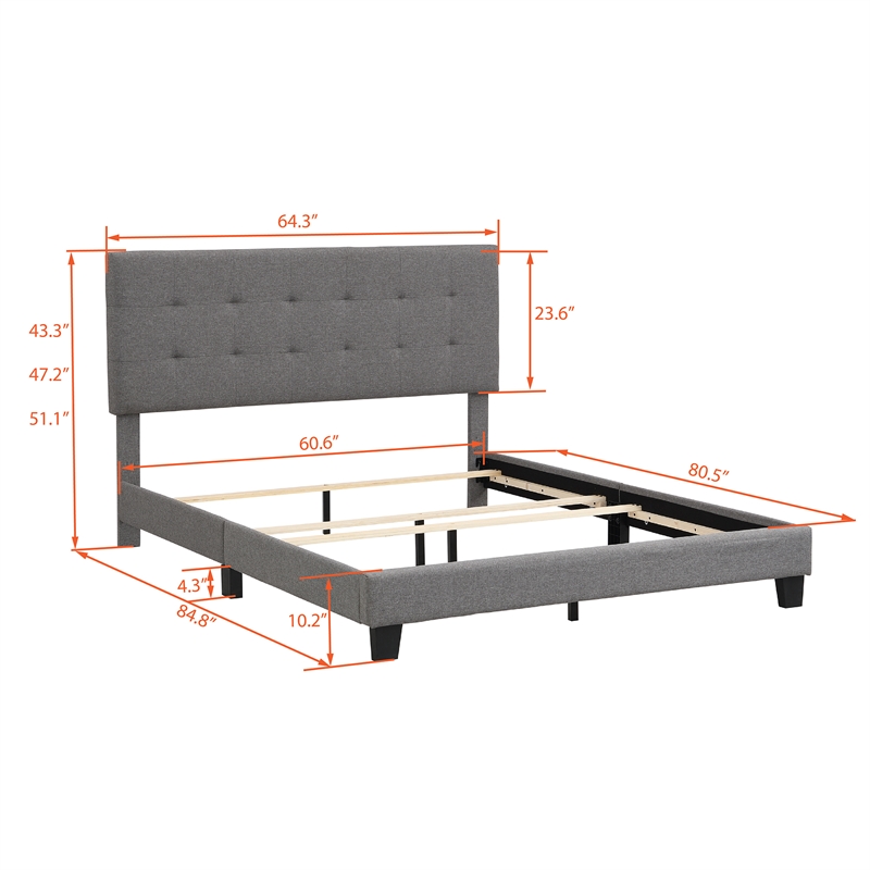 CRO Decor Upholstered Platform Bed with Tufted Headboard Gray Linen Fabric Queen
