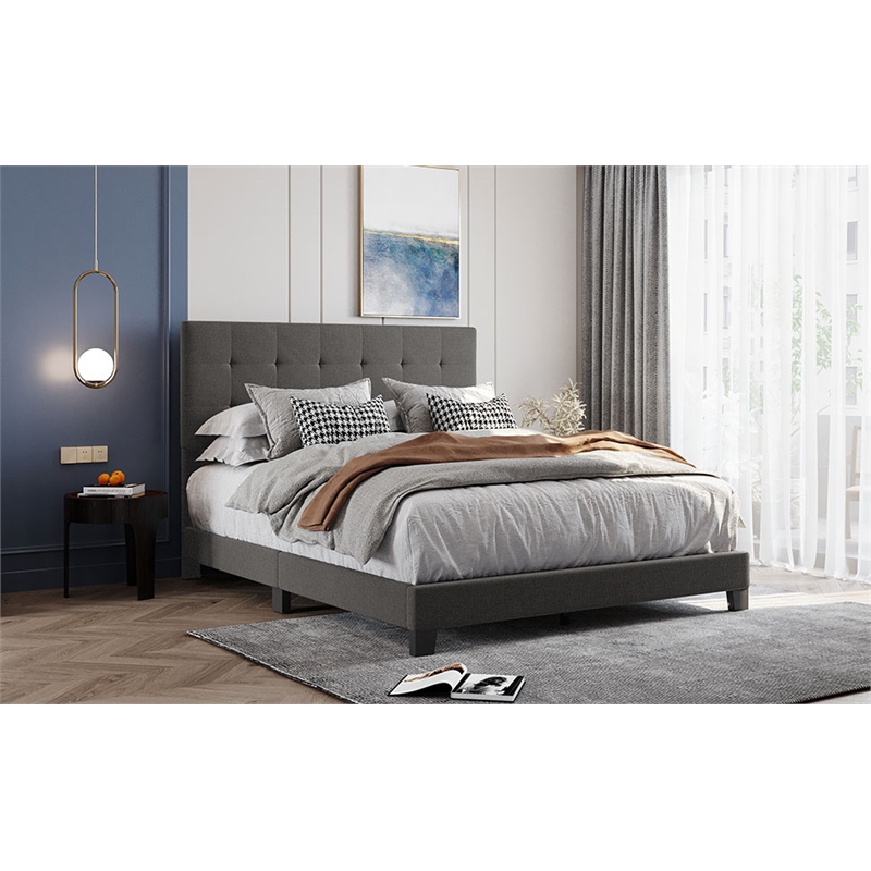 CRO Decor Upholstered Platform Bed with Tufted Headboard Gray Linen Fabric Queen