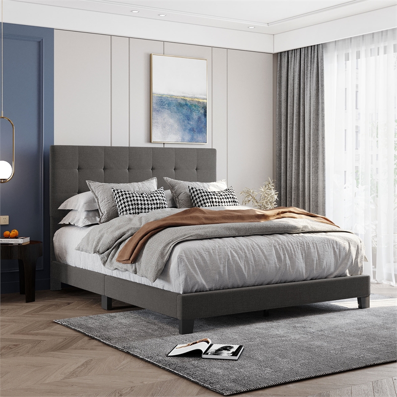 CRO Decor Upholstered Platform Bed with Tufted Headboard Gray Linen Fabric Queen