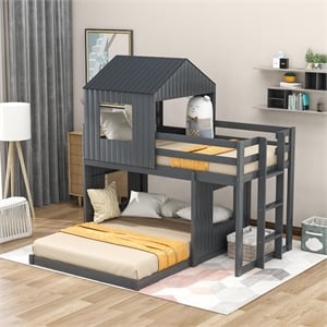 cro decor wooden twin over full bunk bed loft bed with ladder (gray)