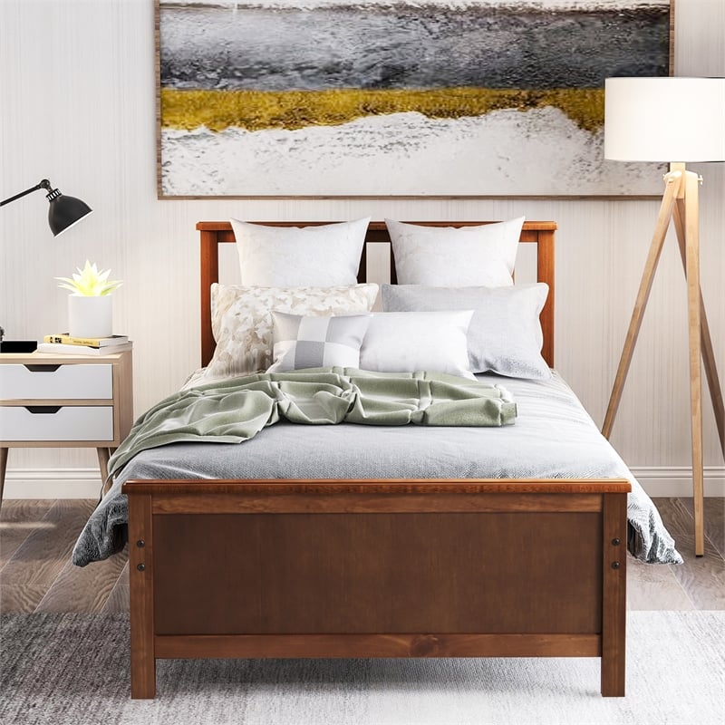 CRO Decor Twin Size Wood Platform Bed with Headboard Footboard (Walnut)