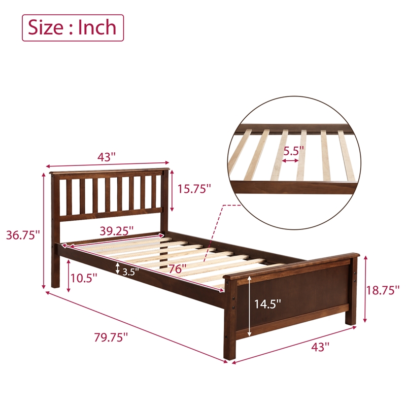 CRO Decor Twin Size Wood Platform Bed with Headboard Footboard (Walnut)