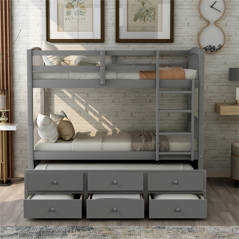 CRO Decor Twin Bunk Bed Trundle with 3 Drawers  with Ladder Safety Rail (Gray)
