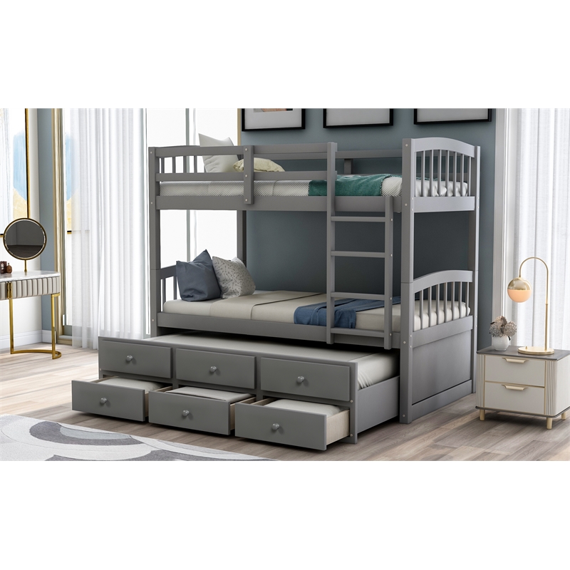 CRO Decor Twin Bunk Bed Trundle with 3 Drawers  with Ladder Safety Rail (Gray)