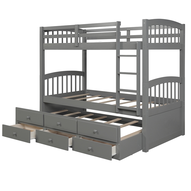 CRO Decor Twin Bunk Bed Trundle with 3 Drawers  with Ladder Safety Rail (Gray)