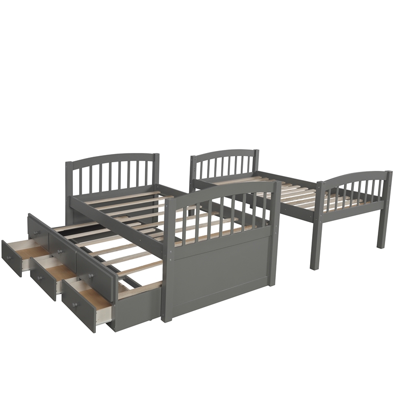 CRO Decor Twin Bunk Bed Trundle with 3 Drawers  with Ladder Safety Rail (Gray)