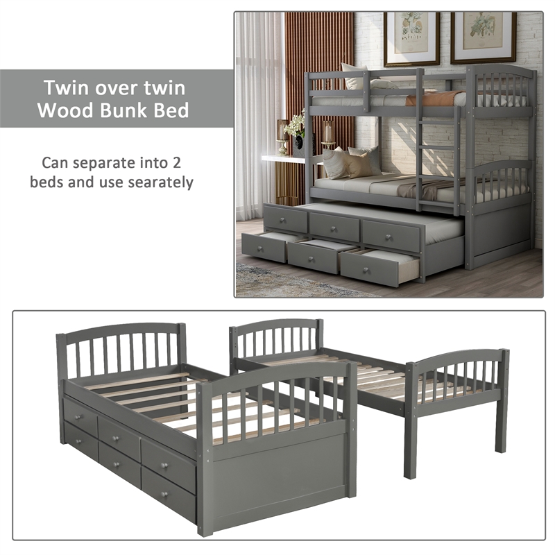 CRO Decor Twin Bunk Bed Trundle with 3 Drawers  with Ladder Safety Rail (Gray)