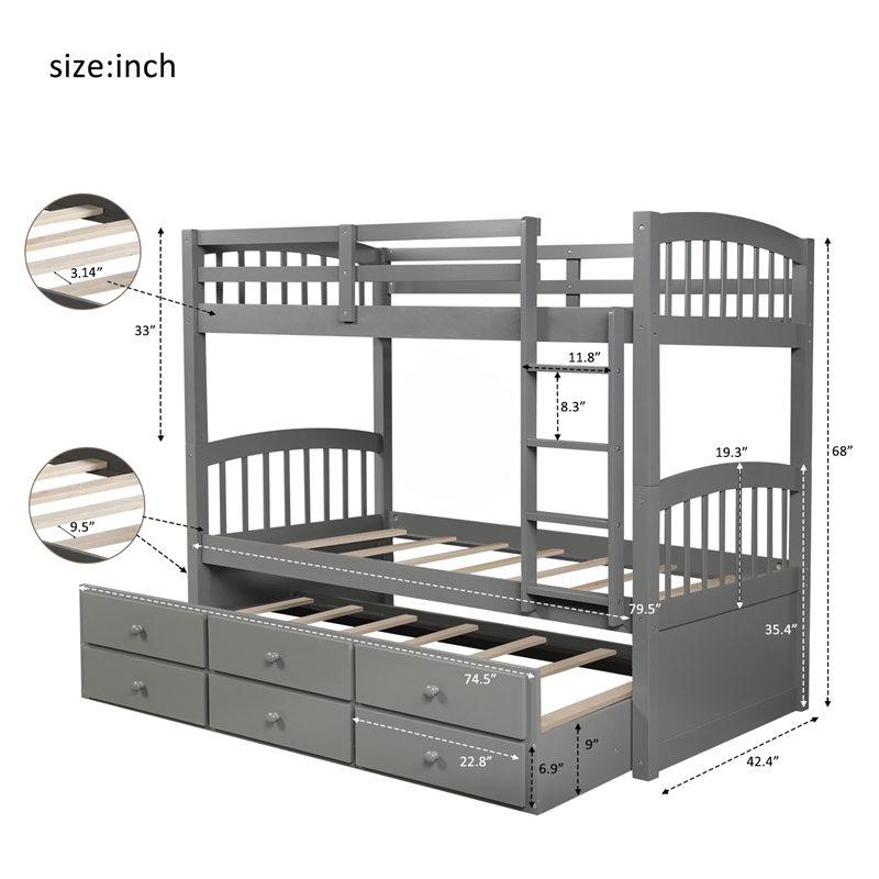CRO Decor Twin Bunk Bed Trundle with 3 Drawers  with Ladder Safety Rail (Gray)